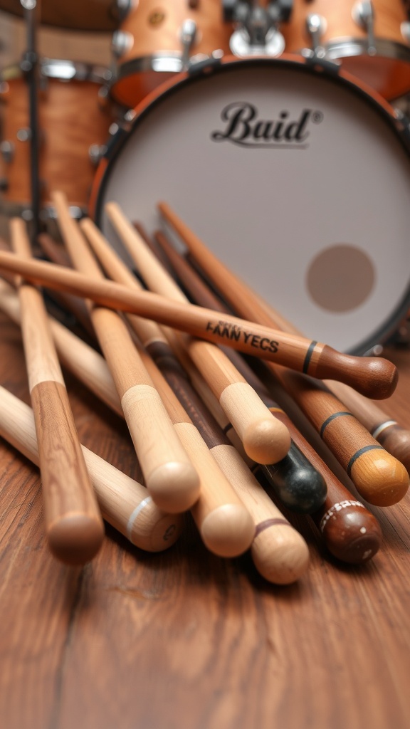 Various drumsticks on a wooden surface with a drum set in the background.